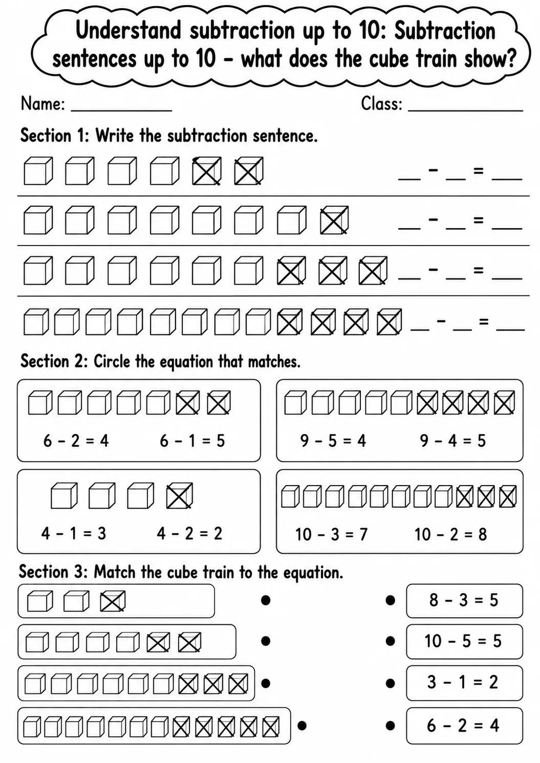 Kindergarten Understand Subtraction up to 10 Math Worksheet Pack page 4 printable worksheet preview