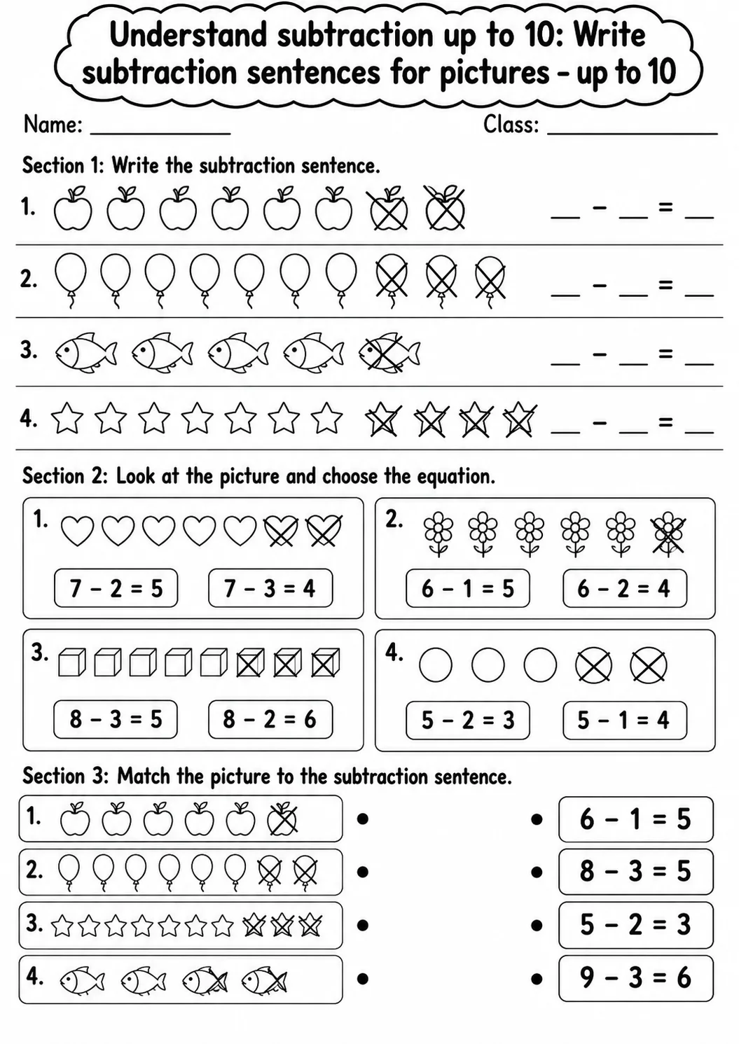 Kindergarten Understand Subtraction up to 10 Math Worksheet Pack page 5 printable worksheet preview