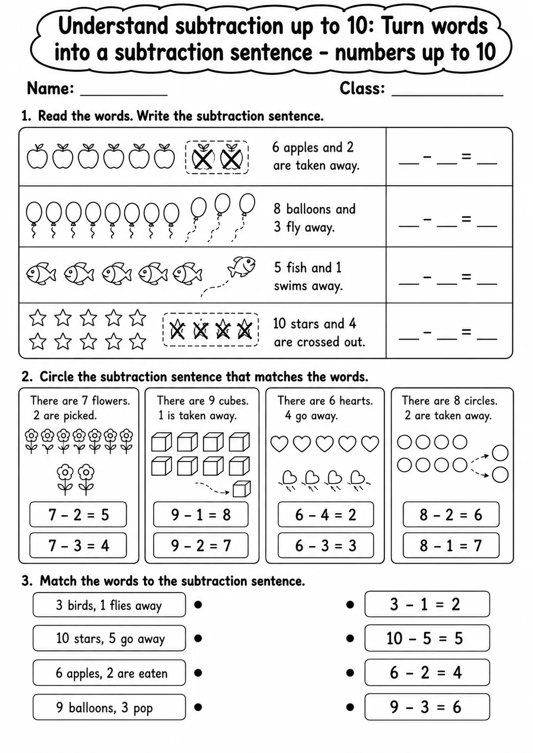 Kindergarten Understand Subtraction up to 10 Math Worksheet Pack page 6 printable worksheet preview