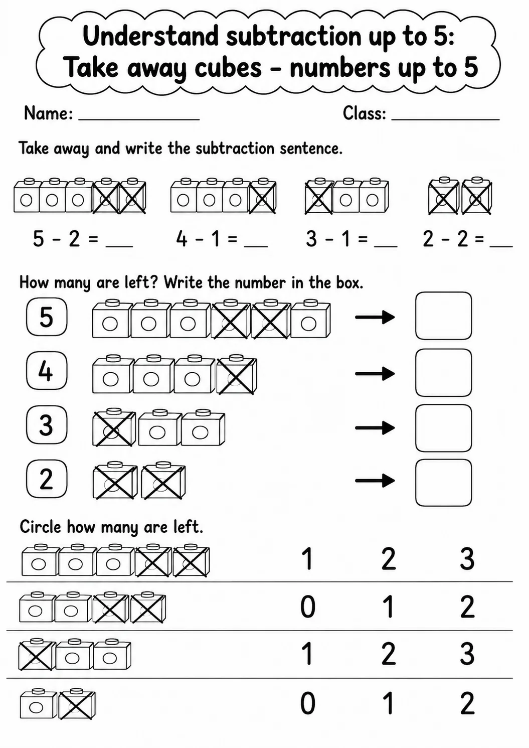 Kindergarten Understand Subtraction up to 5 Math Worksheet Pack printable worksheet pack preview