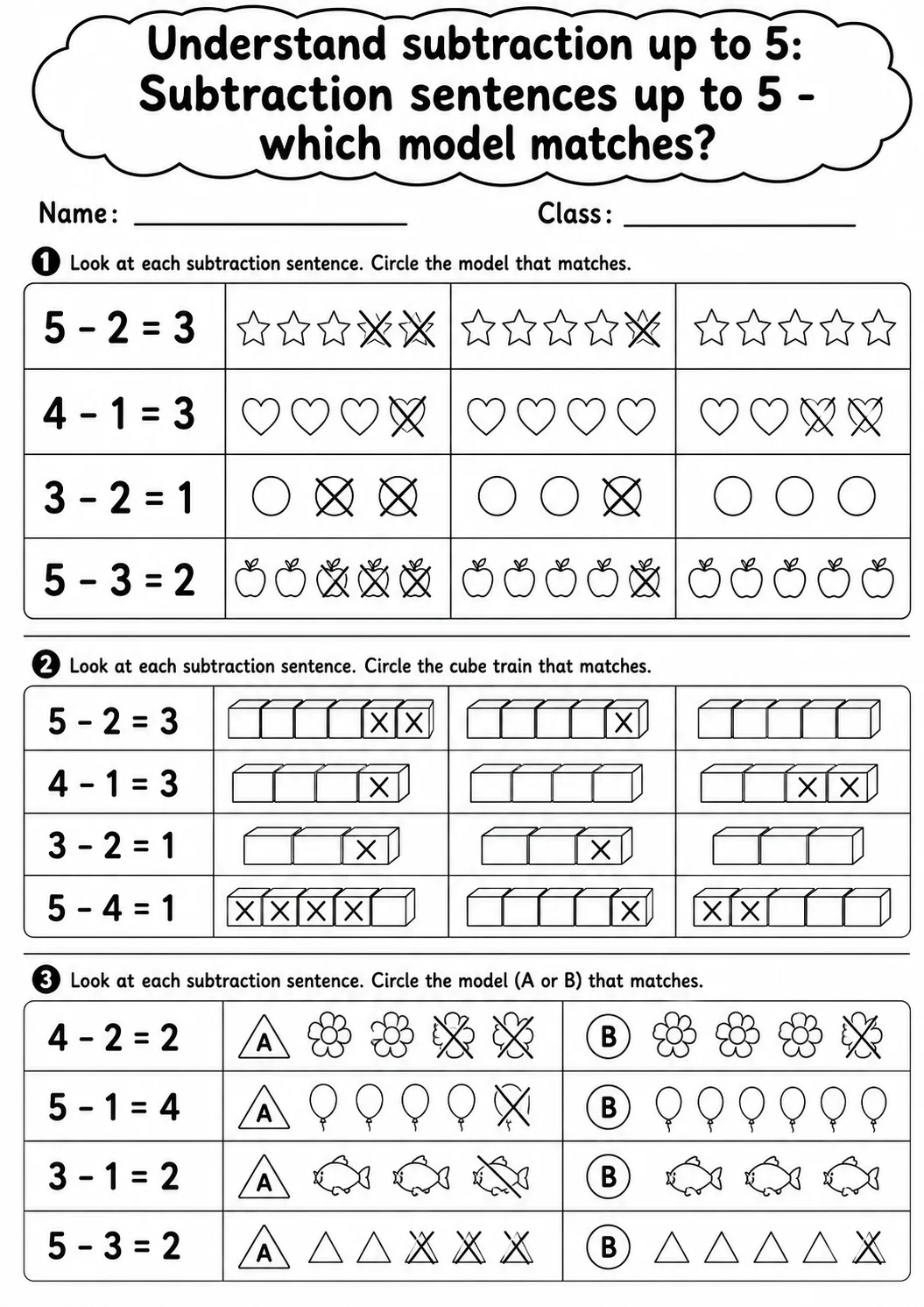 Kindergarten Understand Subtraction up to 5 Math Worksheet Pack page 2 printable worksheet preview