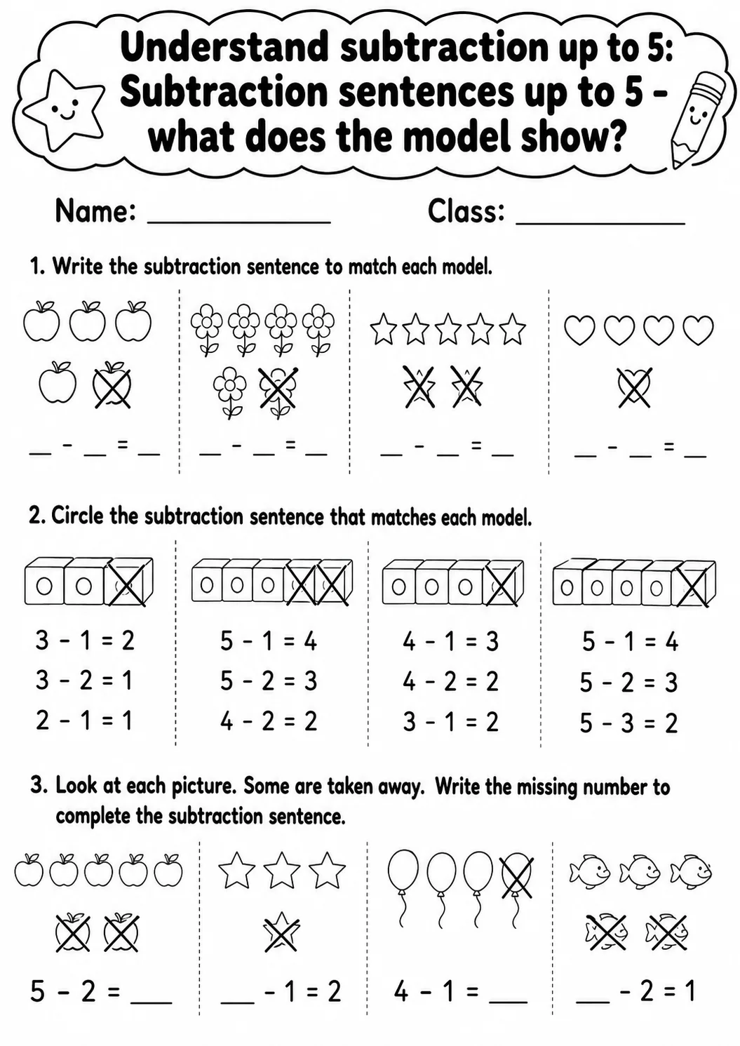 Kindergarten Understand Subtraction up to 5 Math Worksheet Pack page 3 printable worksheet preview