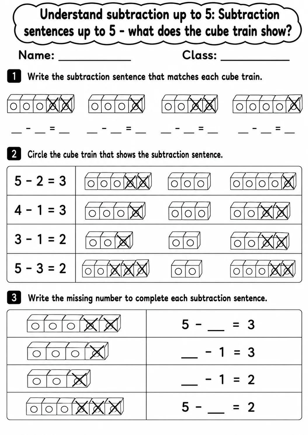 Kindergarten Understand Subtraction up to 5 Math Worksheet Pack page 4 printable worksheet preview