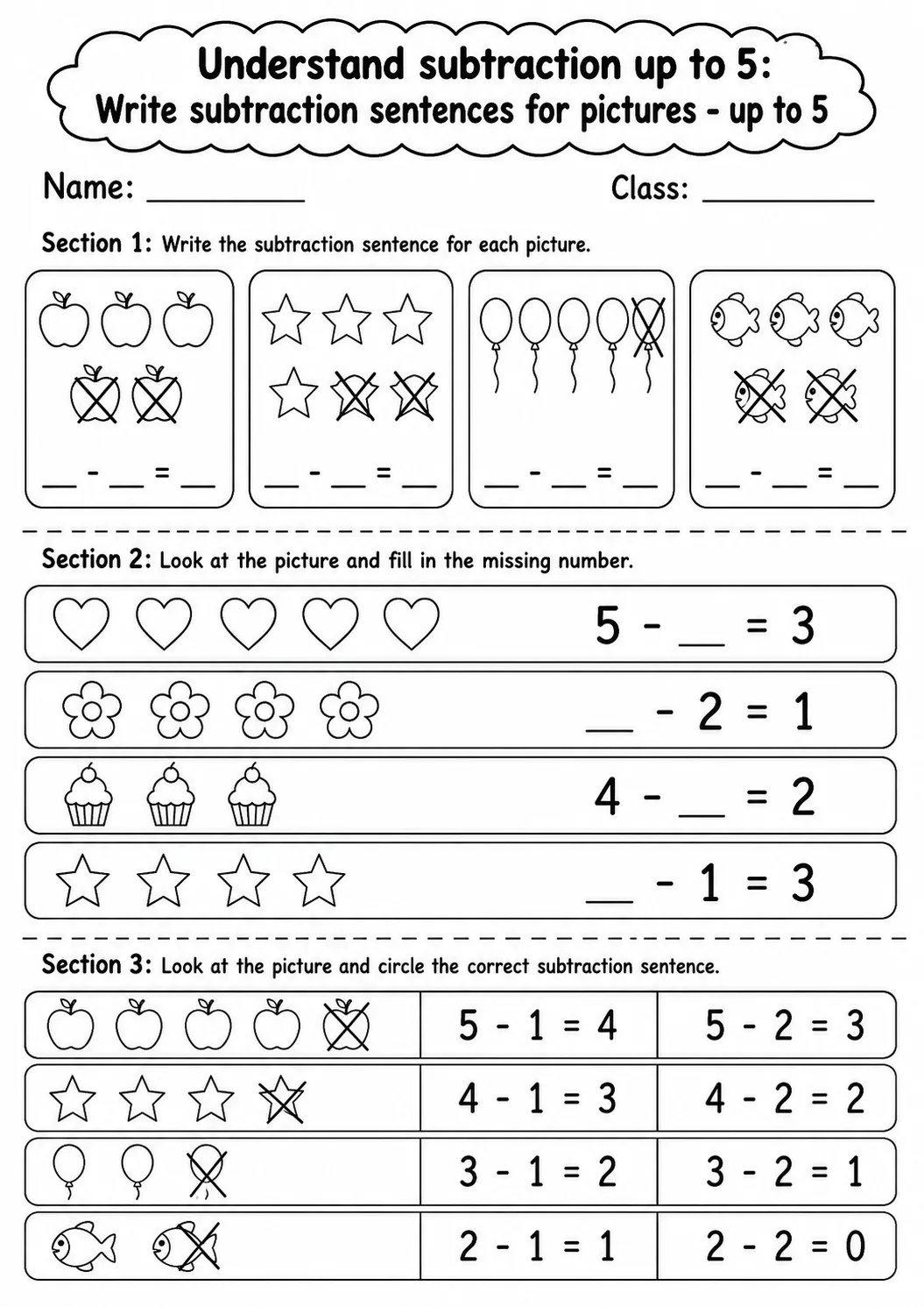 Kindergarten Understand Subtraction up to 5 Math Worksheet Pack page 5 printable worksheet preview