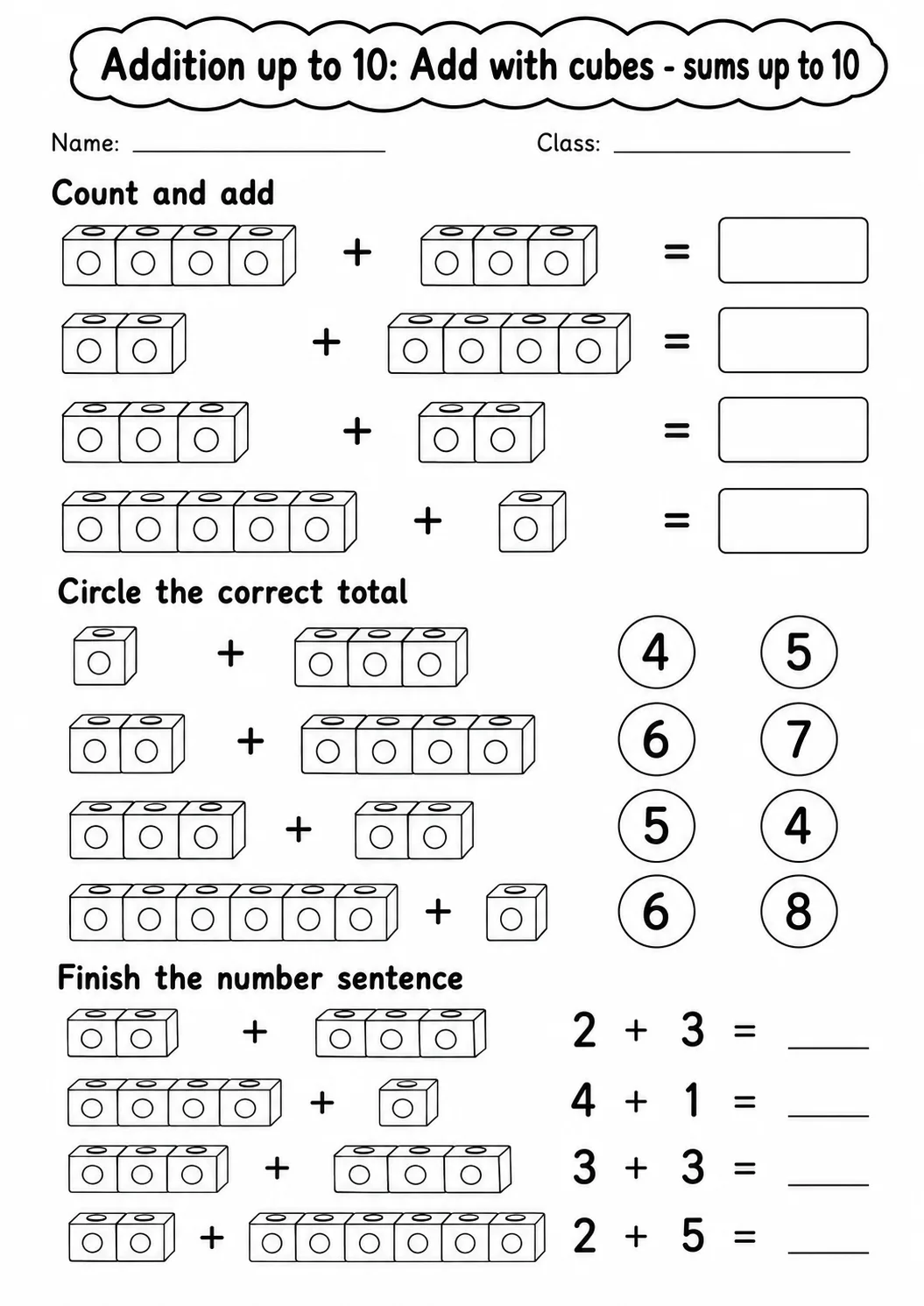 Pre-K Addition up to 10 Math Worksheet Pack page 3 printable worksheet preview