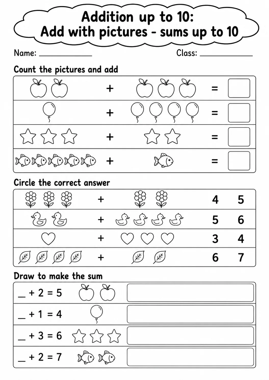 Pre-K Addition up to 10 Math Worksheet Pack page 5 printable worksheet preview