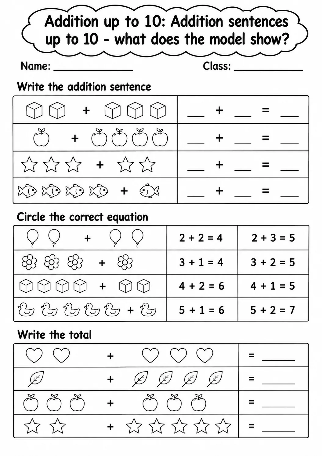 Pre-K Addition up to 10 Math Worksheet Pack page 7 printable worksheet preview