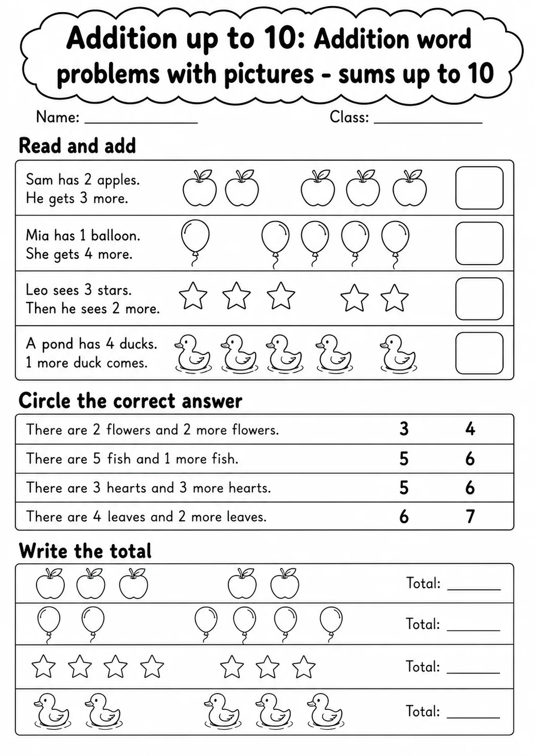Pre-K Addition up to 10 Math Worksheet Pack page 8 printable worksheet preview