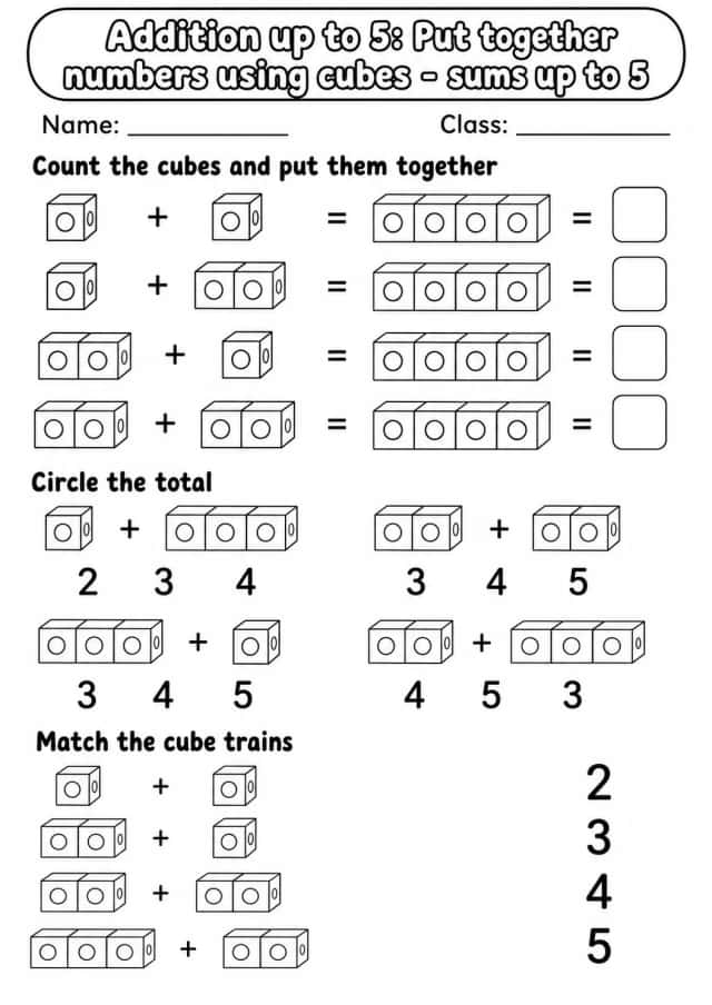 Pre-K Addition up to 5 Math Worksheet Pack