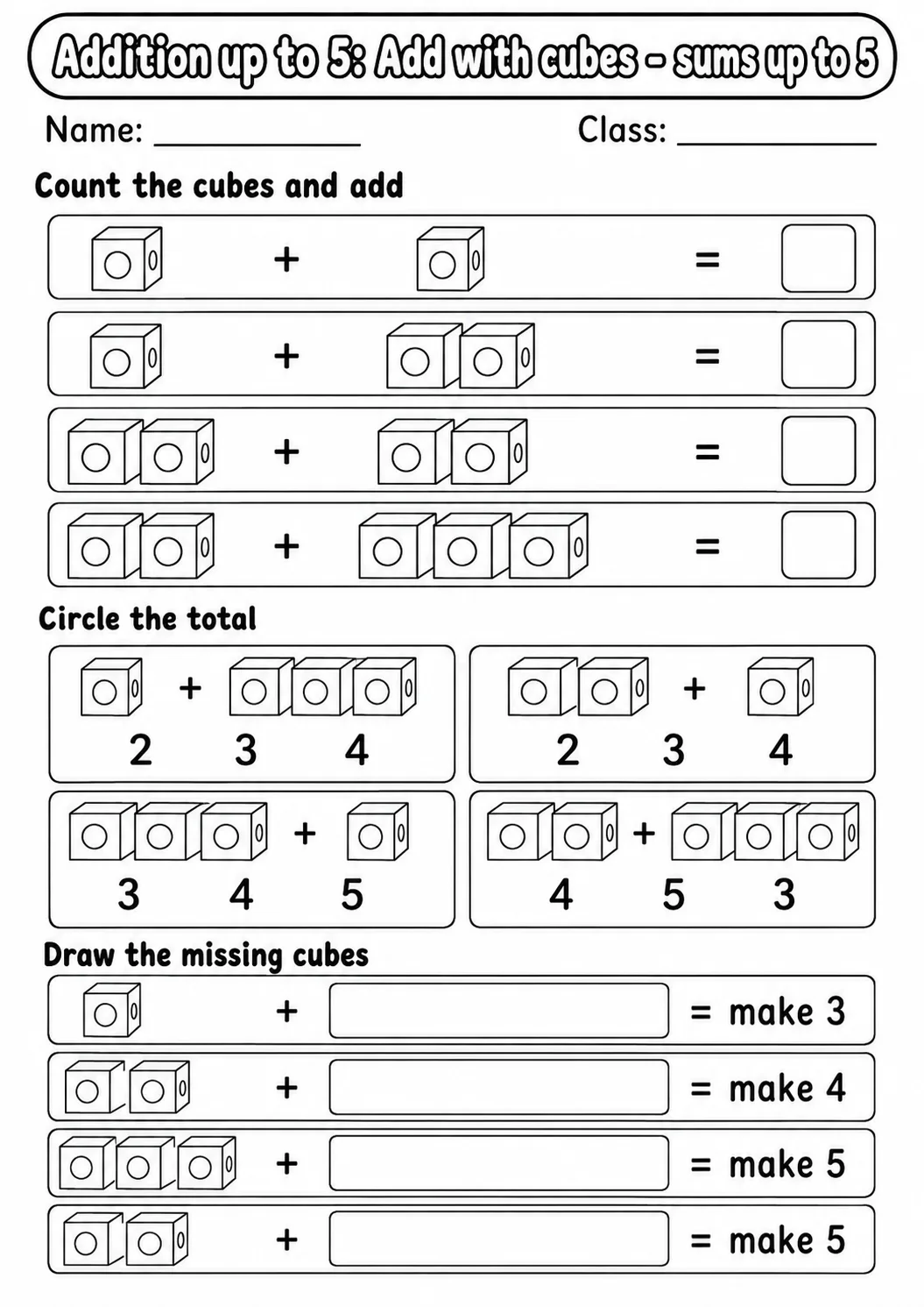 Pre-K Addition up to 5 Math Worksheet Pack page 3 printable worksheet preview