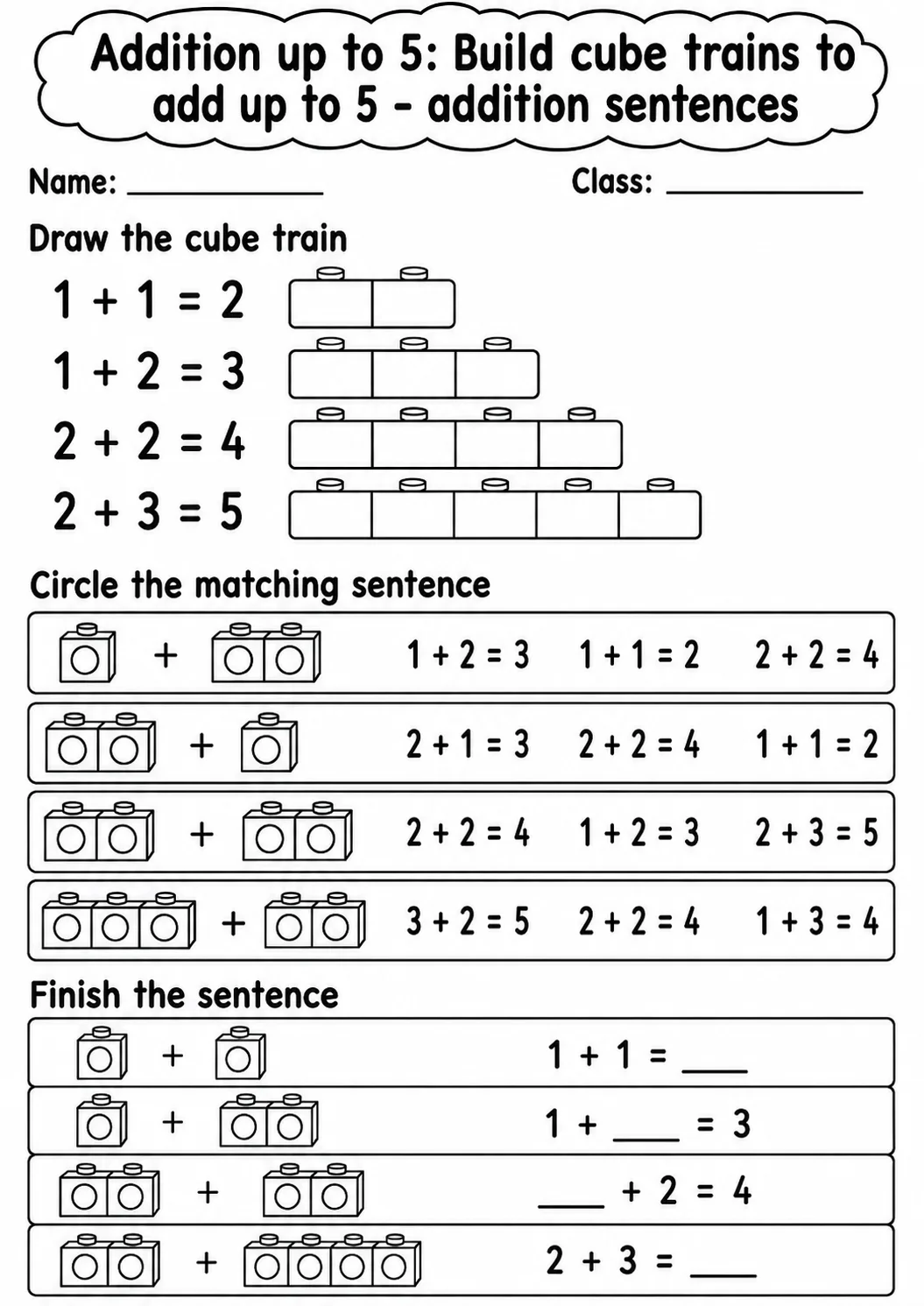 Pre-K Addition up to 5 Math Worksheet Pack page 4 printable worksheet preview