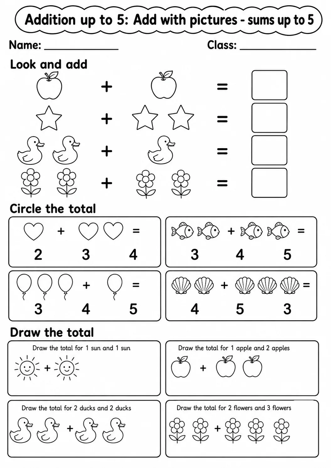 Pre-K Addition up to 5 Math Worksheet Pack page 5 printable worksheet preview