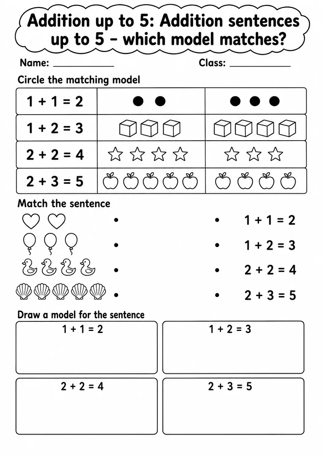Pre-K Addition up to 5 Math Worksheet Pack page 6 printable worksheet preview