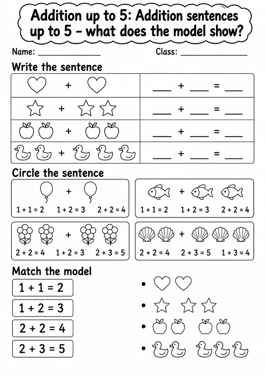 Pre-K Addition up to 5 Math Worksheet Pack page 7 printable worksheet preview