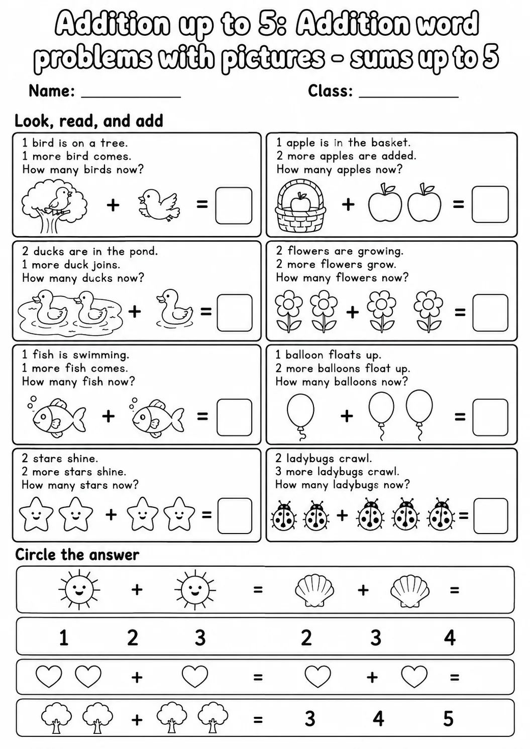 Pre-K Addition up to 5 Math Worksheet Pack page 8 printable worksheet preview