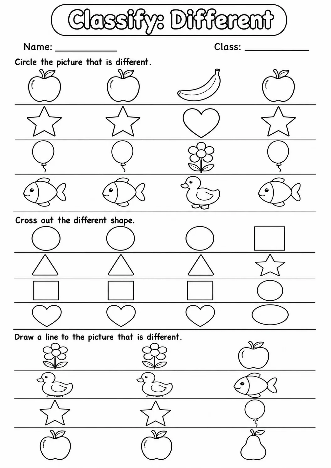 Pre-K Classify Math Worksheet Pack printable worksheet pack preview