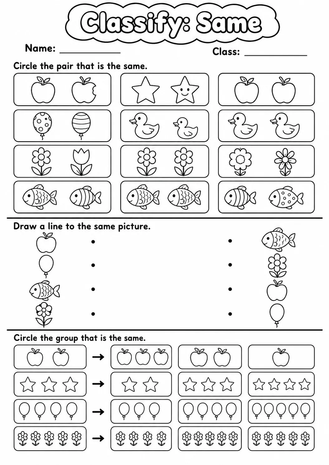 Pre-K Classify Math Worksheet Pack page 2 printable worksheet preview