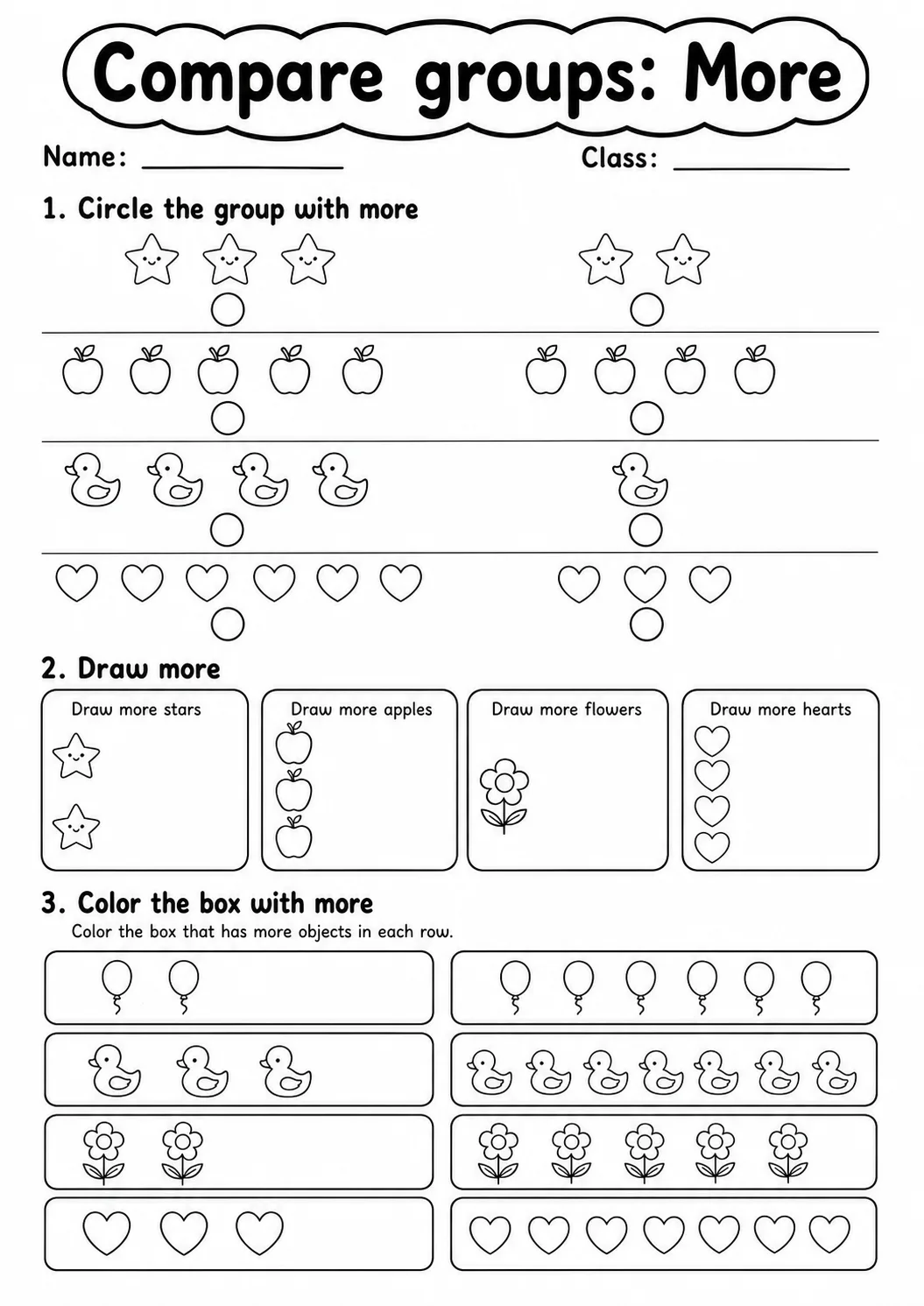 Pre-K Compare Groups Math Worksheet Pack printable worksheet pack preview