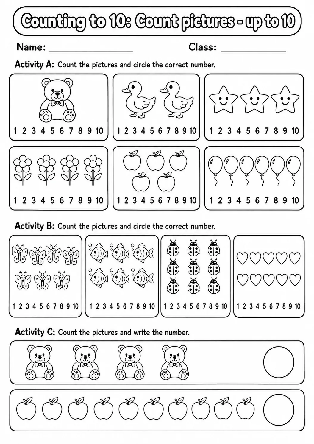 Pre-K Counting to 10 Math Worksheet Pack page 2 printable worksheet preview