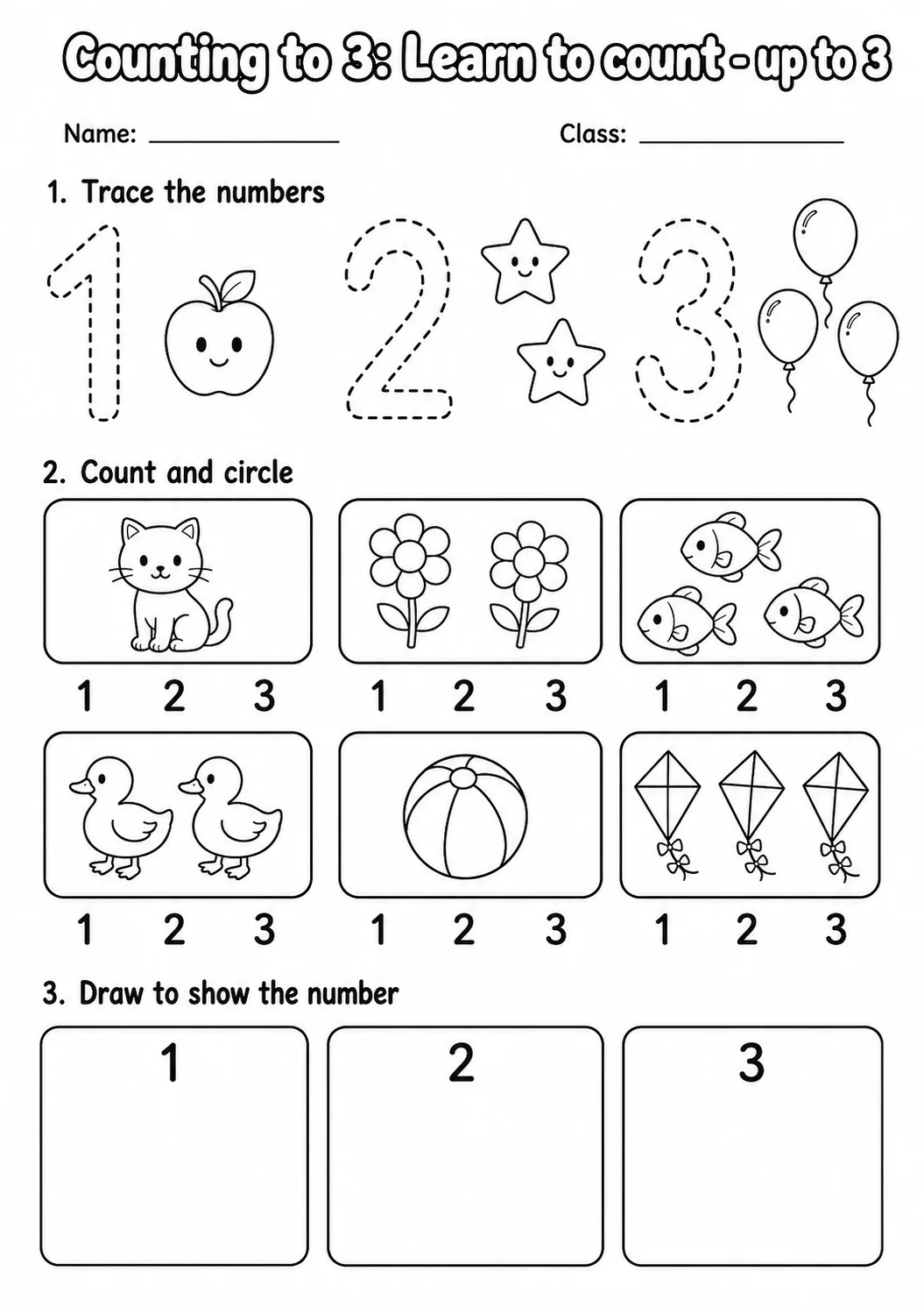 Pre-K Counting to 3 Math Worksheet Pack printable worksheet pack preview