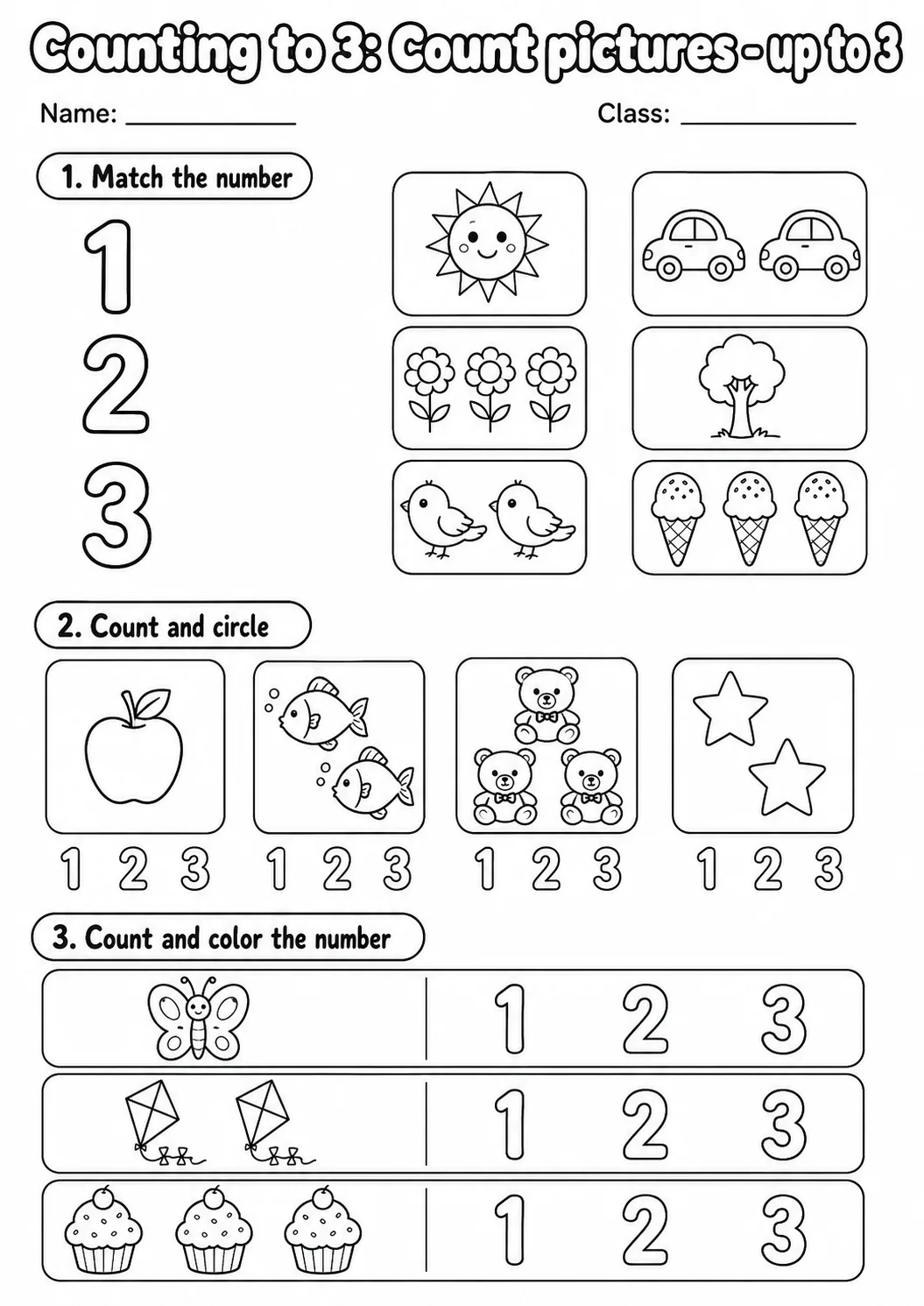 Pre-K Counting to 3 Math Worksheet Pack page 2 printable worksheet preview