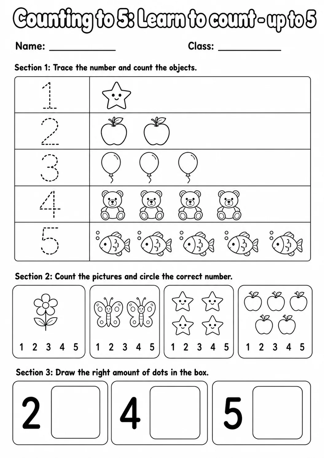 Pre-K Counting to 5 Math Worksheet Pack printable worksheet pack preview