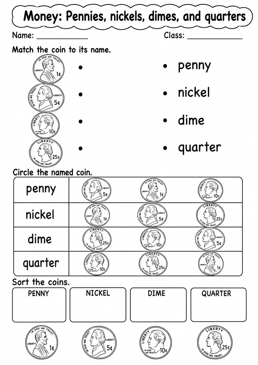 Pre-K Money Math Worksheet Pack page 3 printable worksheet preview