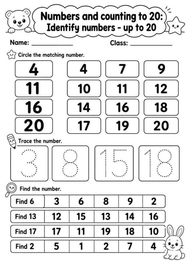 Pre-K Numbers and Counting to 20 Math Worksheet Pack