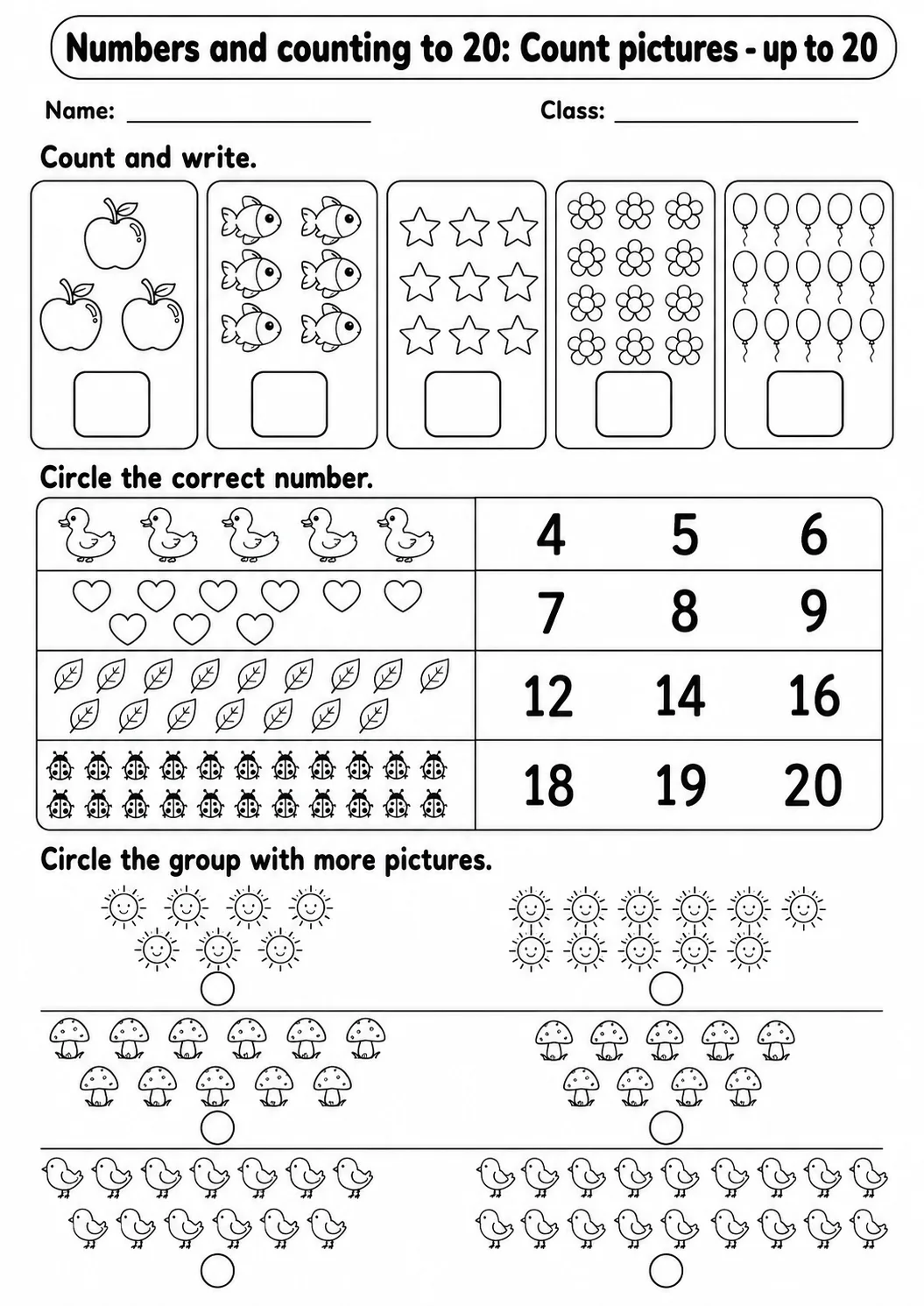 Pre-K Numbers and Counting to 20 Math Worksheet Pack page 2 printable worksheet preview