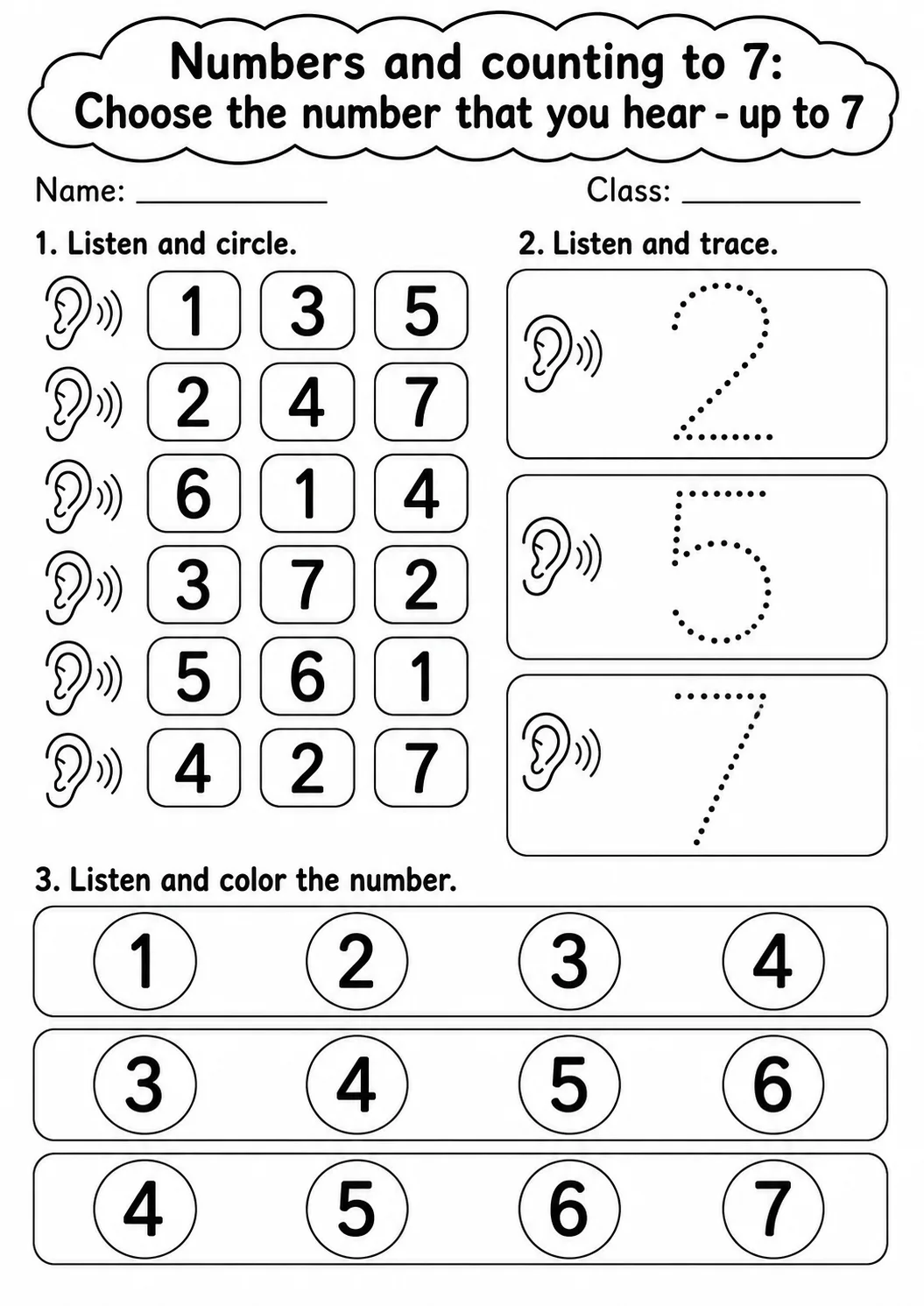 Pre-K Numbers and Counting to 7 Math Worksheet Pack printable worksheet pack preview