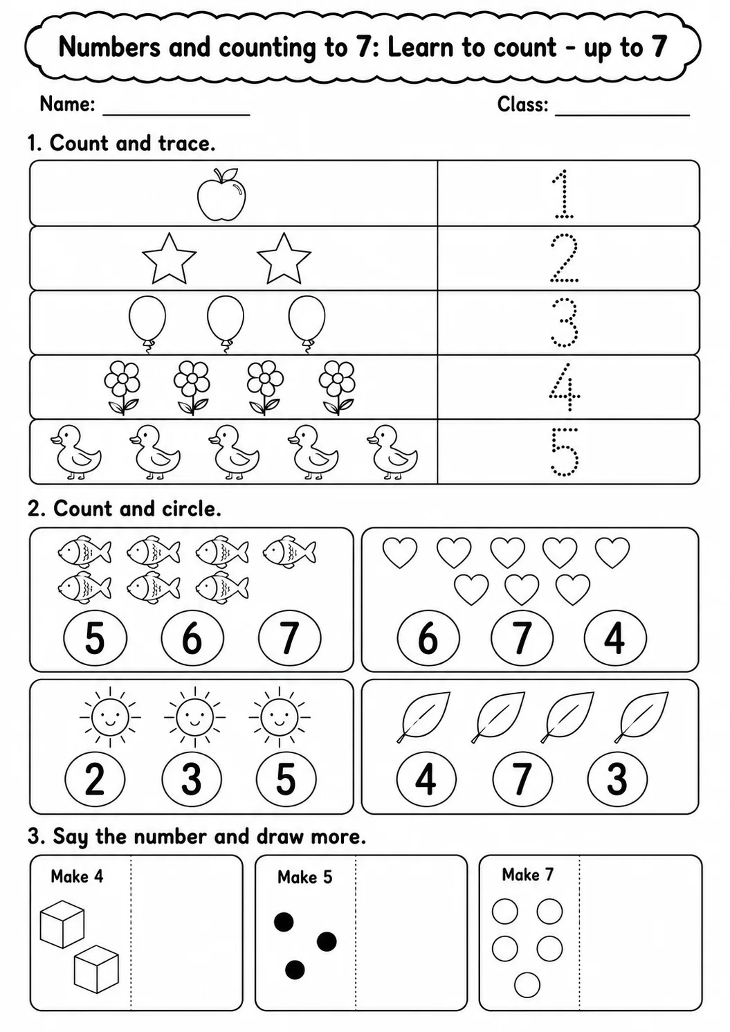 Pre-K Numbers and Counting to 7 Math Worksheet Pack page 2 printable worksheet preview