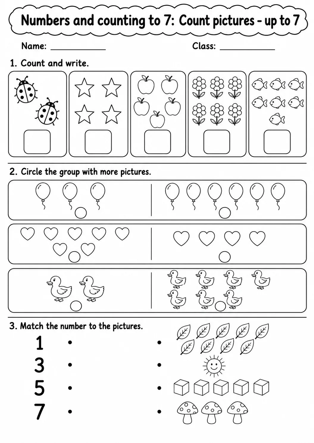 Pre-K Numbers and Counting to 7 Math Worksheet Pack page 3 printable worksheet preview