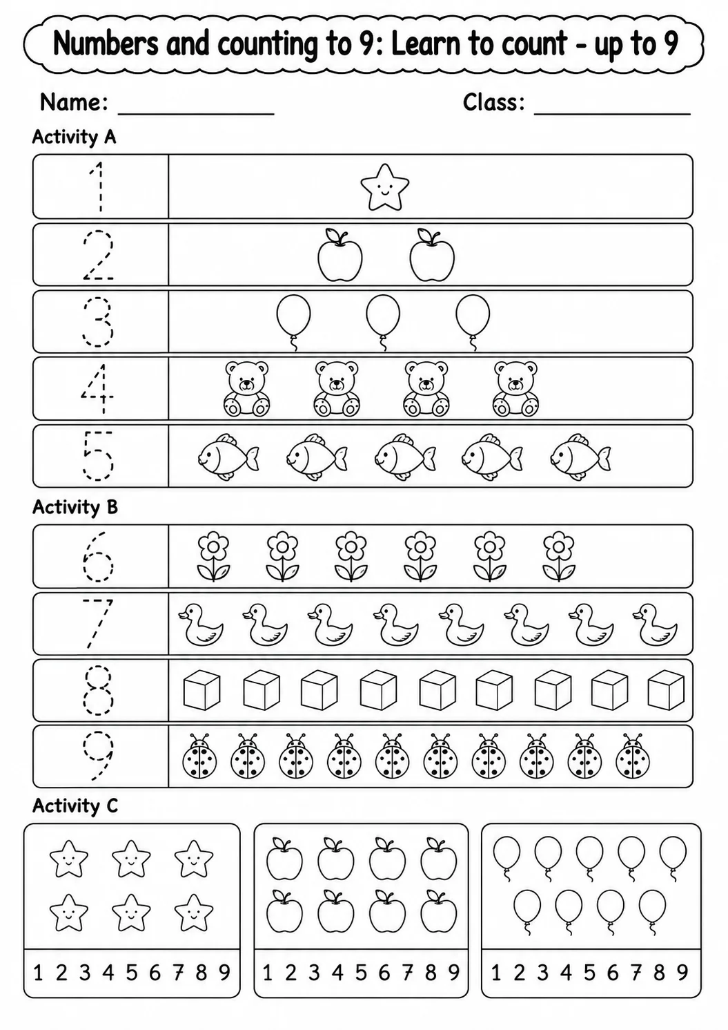 Pre-K Numbers and Counting to 9 Math Worksheet Pack page 2 printable worksheet preview
