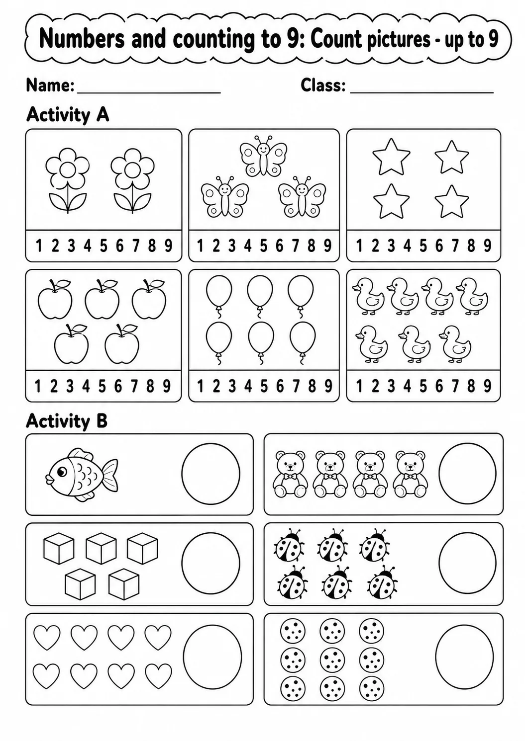 Pre-K Numbers and Counting to 9 Math Worksheet Pack page 3 printable worksheet preview