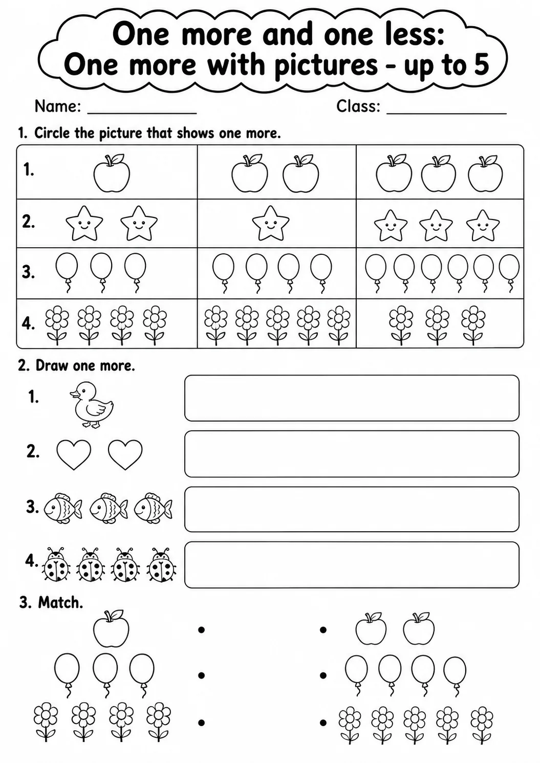 Pre-K One More and One Less Math Worksheet Pack printable worksheet pack preview