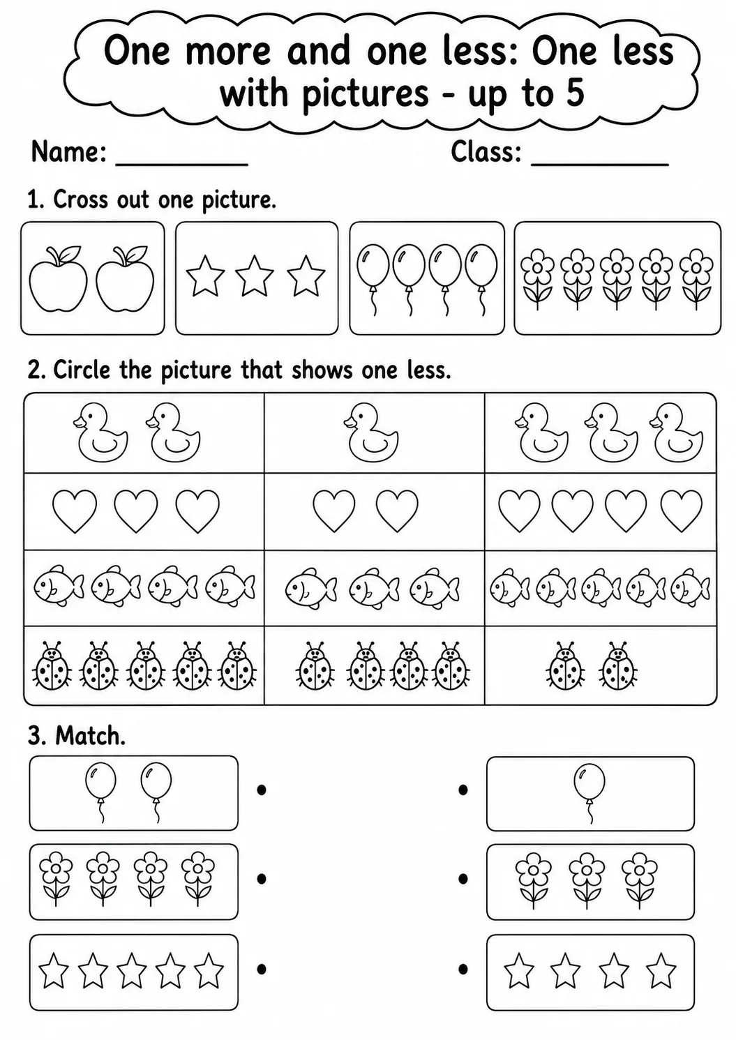 Pre-K One More and One Less Math Worksheet Pack page 2 printable worksheet preview
