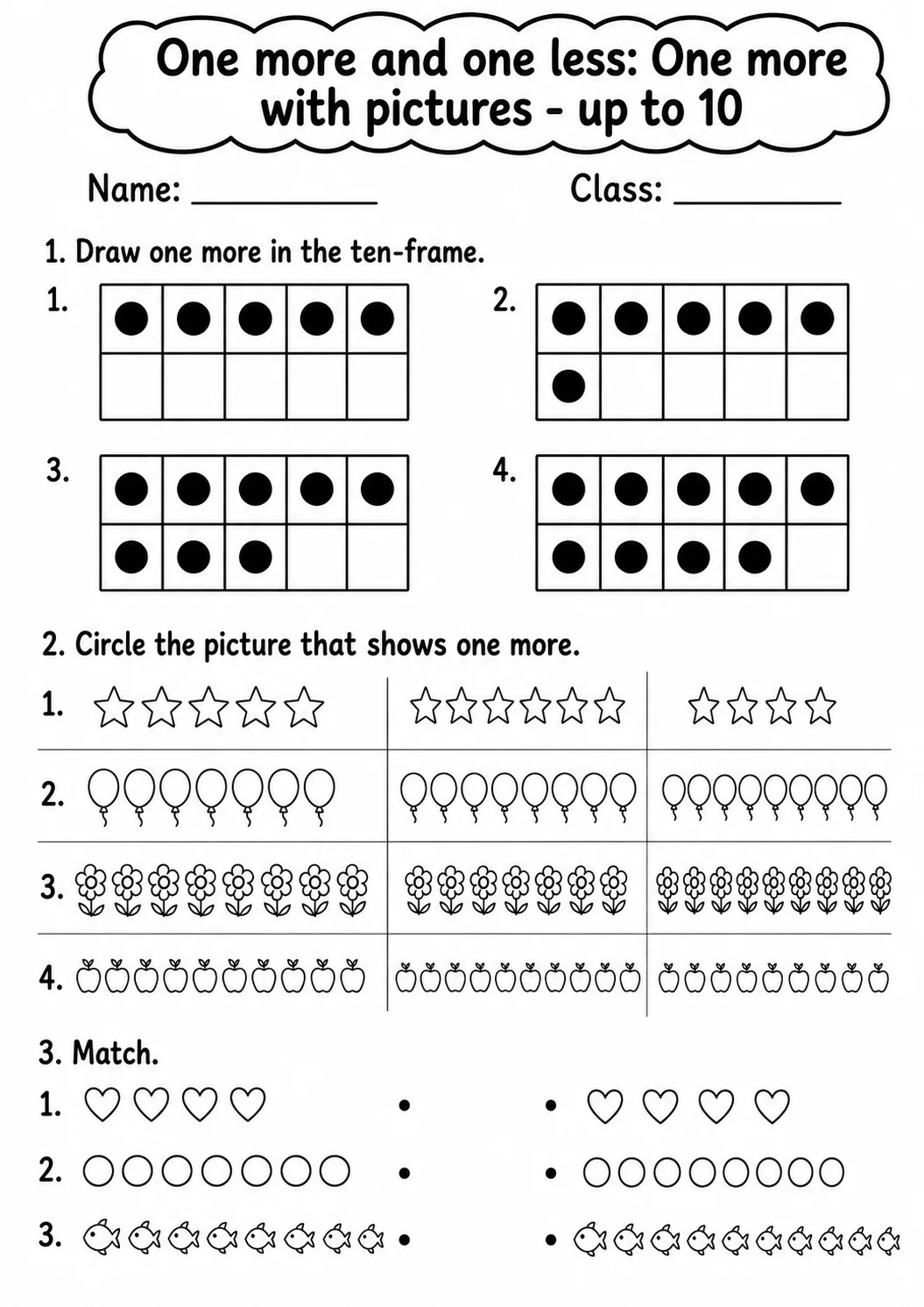 Pre-K One More and One Less Math Worksheet Pack page 3 printable worksheet preview