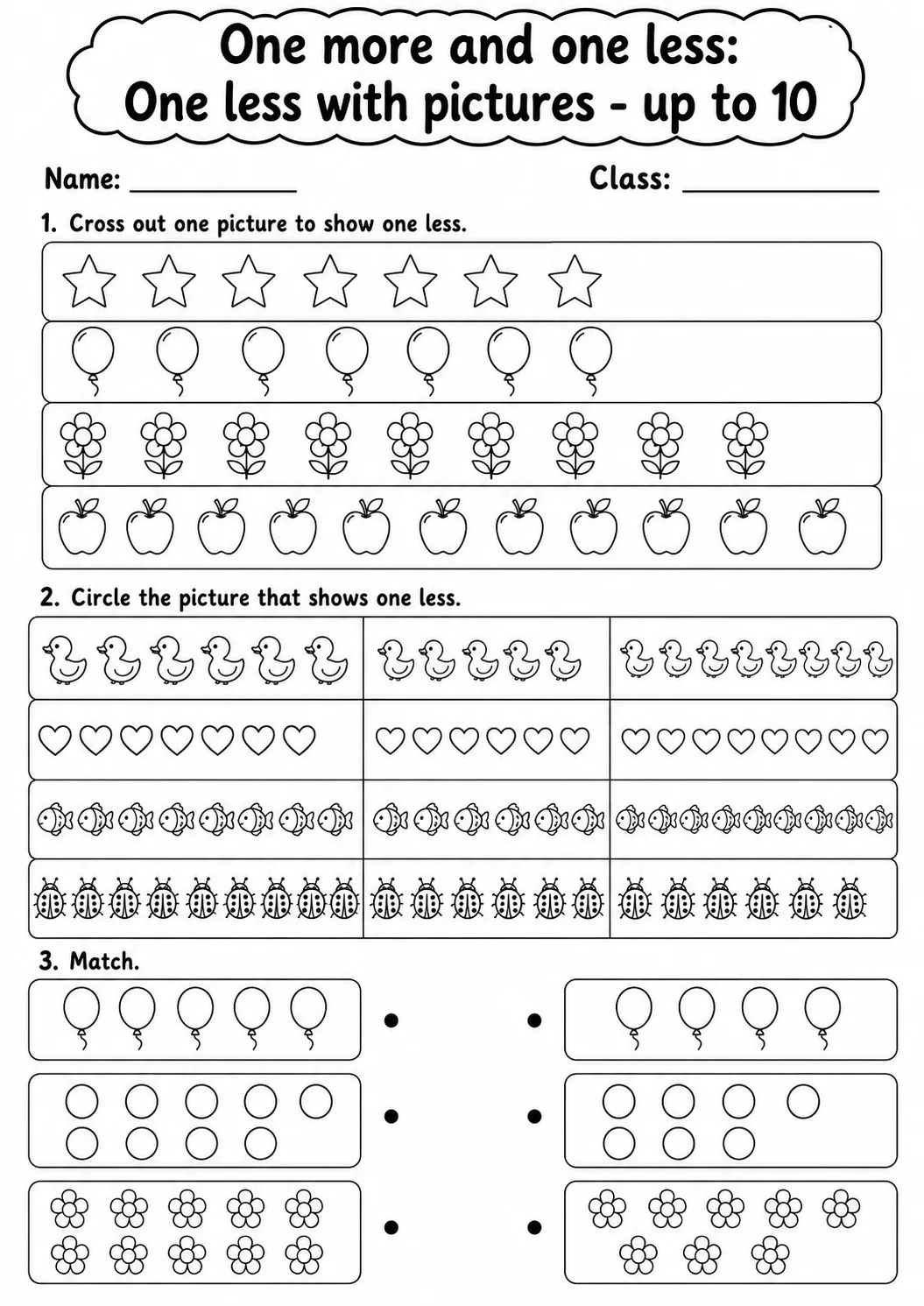 Pre-K One More and One Less Math Worksheet Pack page 4 printable worksheet preview
