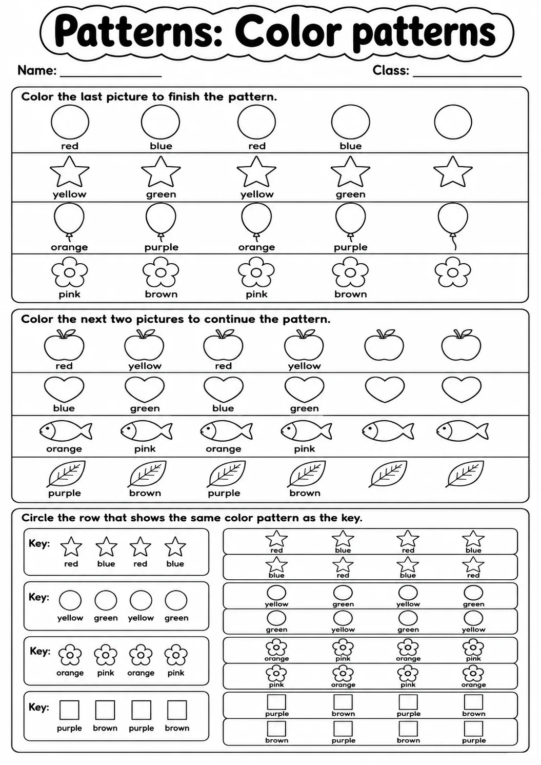 Pre-K Patterns Math Worksheet Pack printable worksheet pack preview