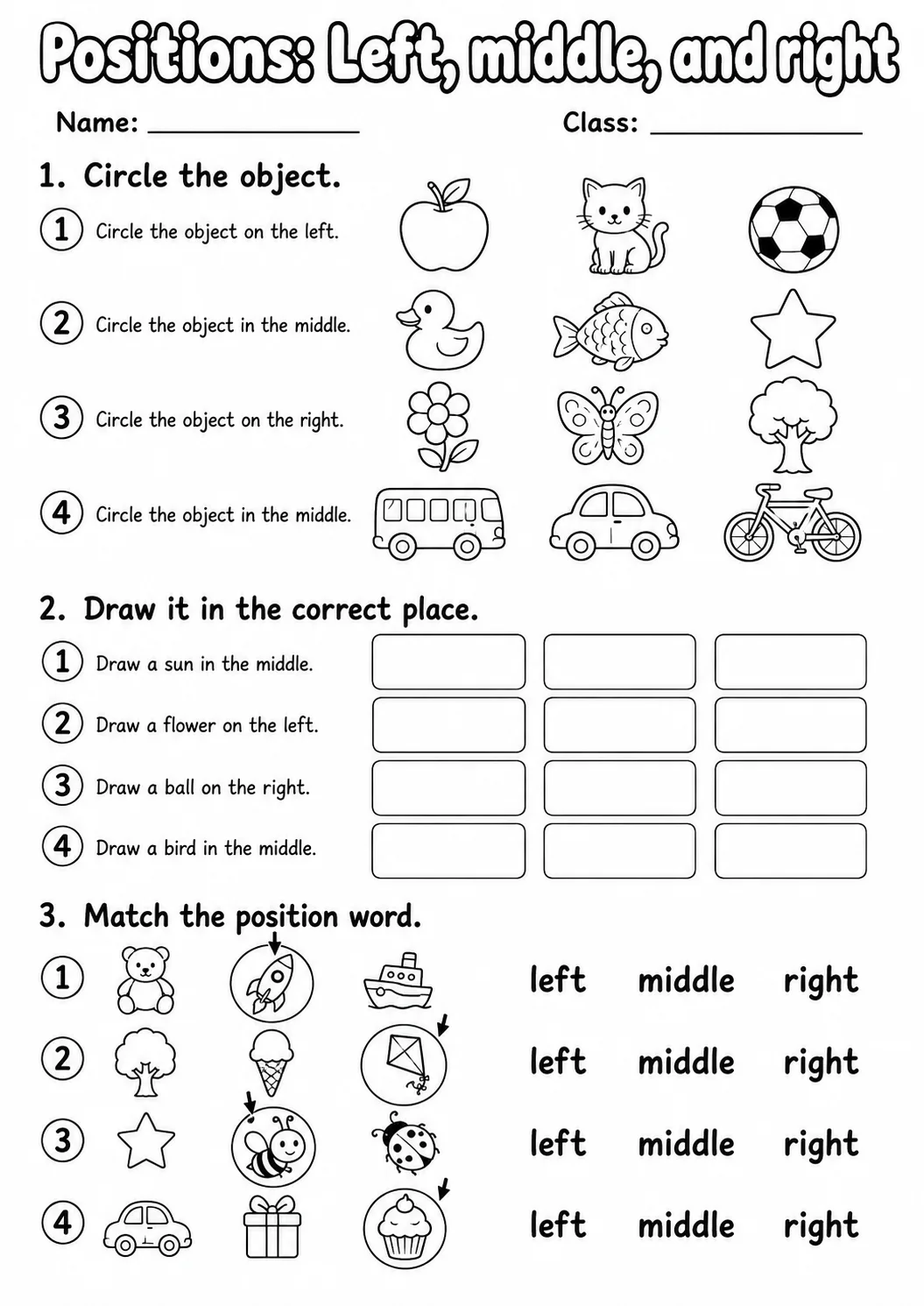 Pre-K Positions Math Worksheet Pack page 4 printable worksheet preview