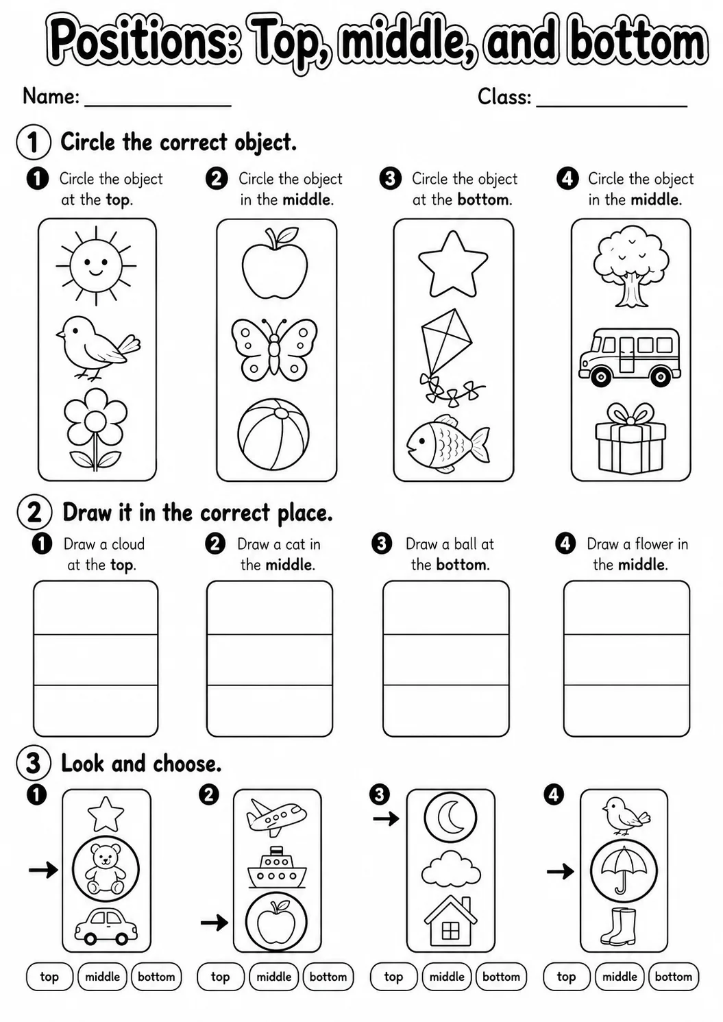 Pre-K Positions Math Worksheet Pack page 6 printable worksheet preview
