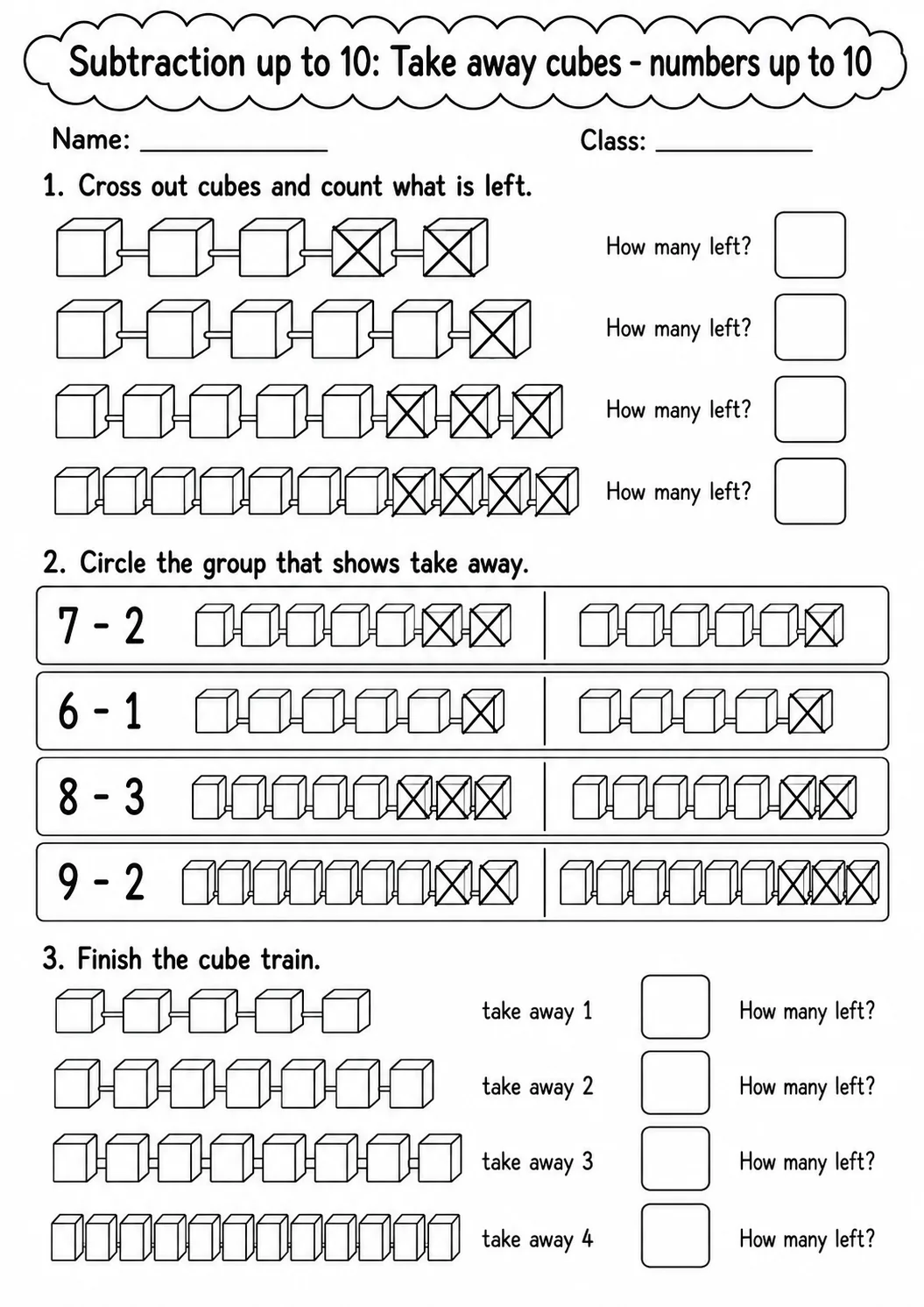 Pre-K Subtraction up to 10 Math Worksheet Pack printable worksheet pack preview