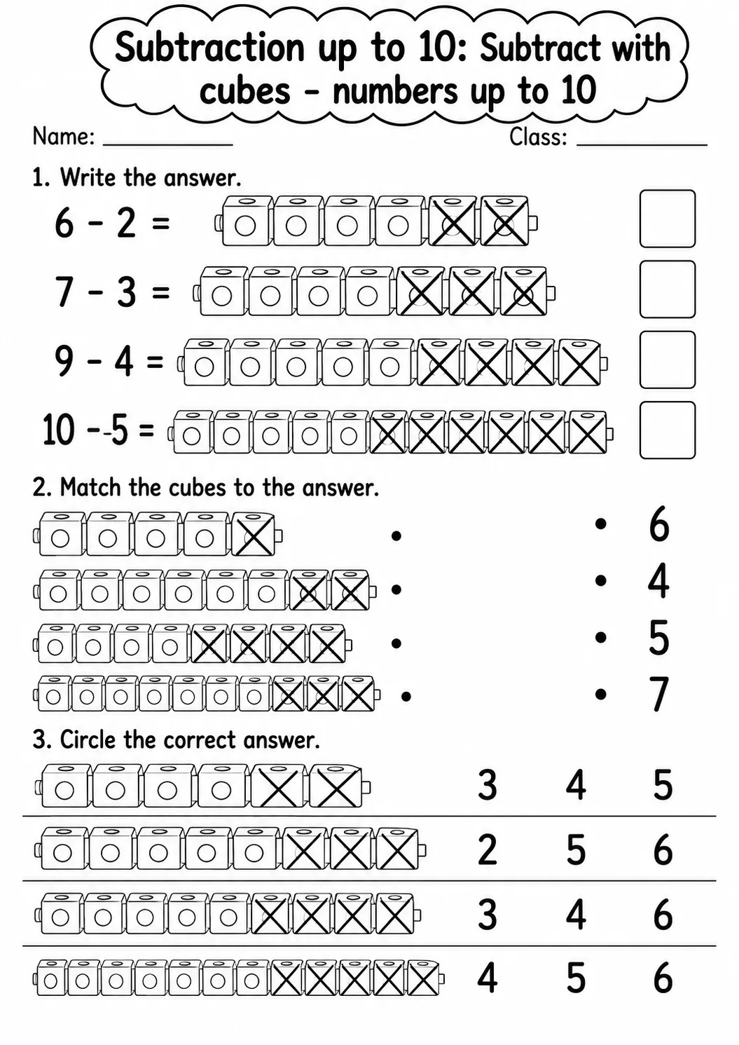 Pre-K Subtraction up to 10 Math Worksheet Pack page 2 printable worksheet preview