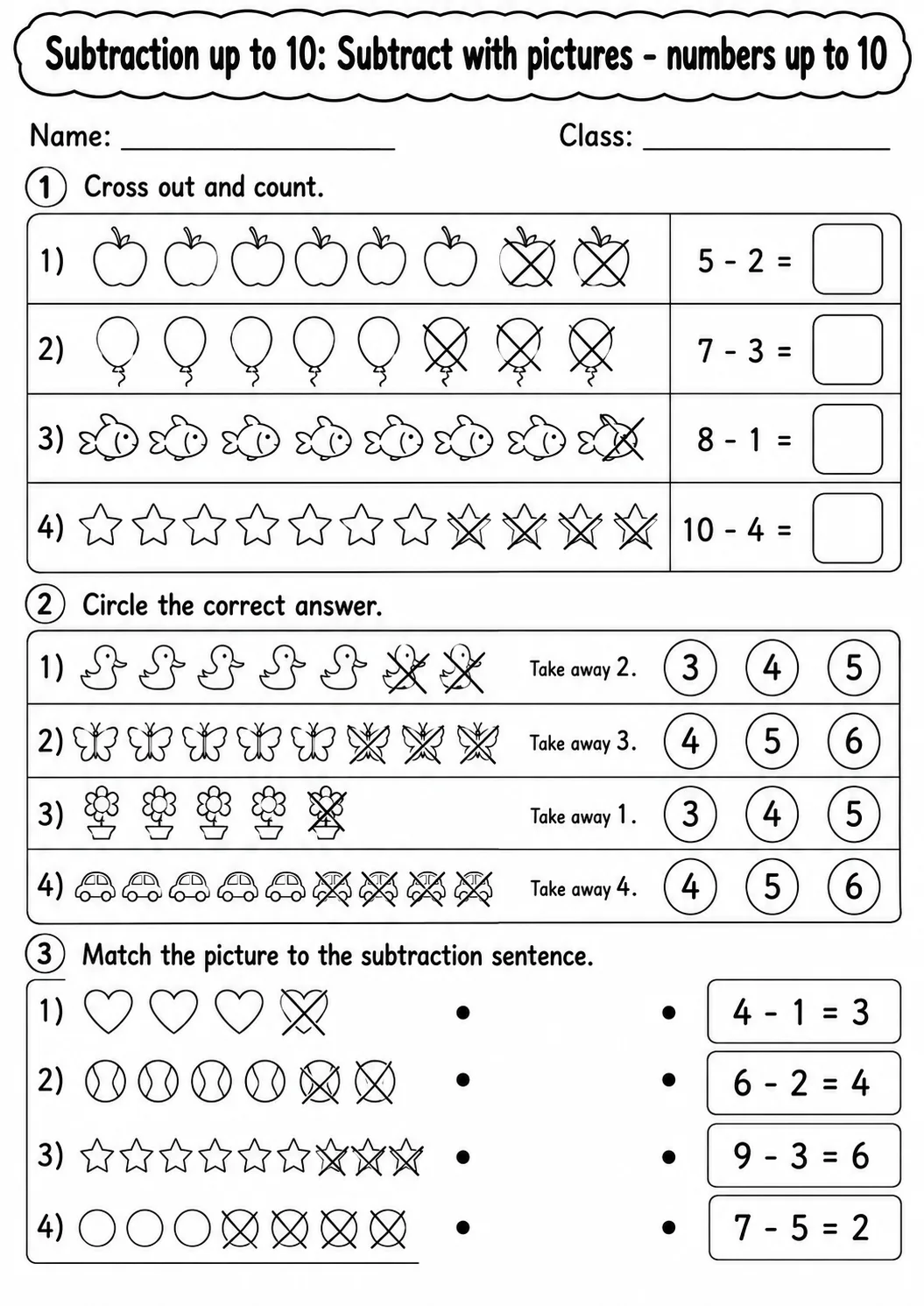 Pre-K Subtraction up to 10 Math Worksheet Pack page 3 printable worksheet preview