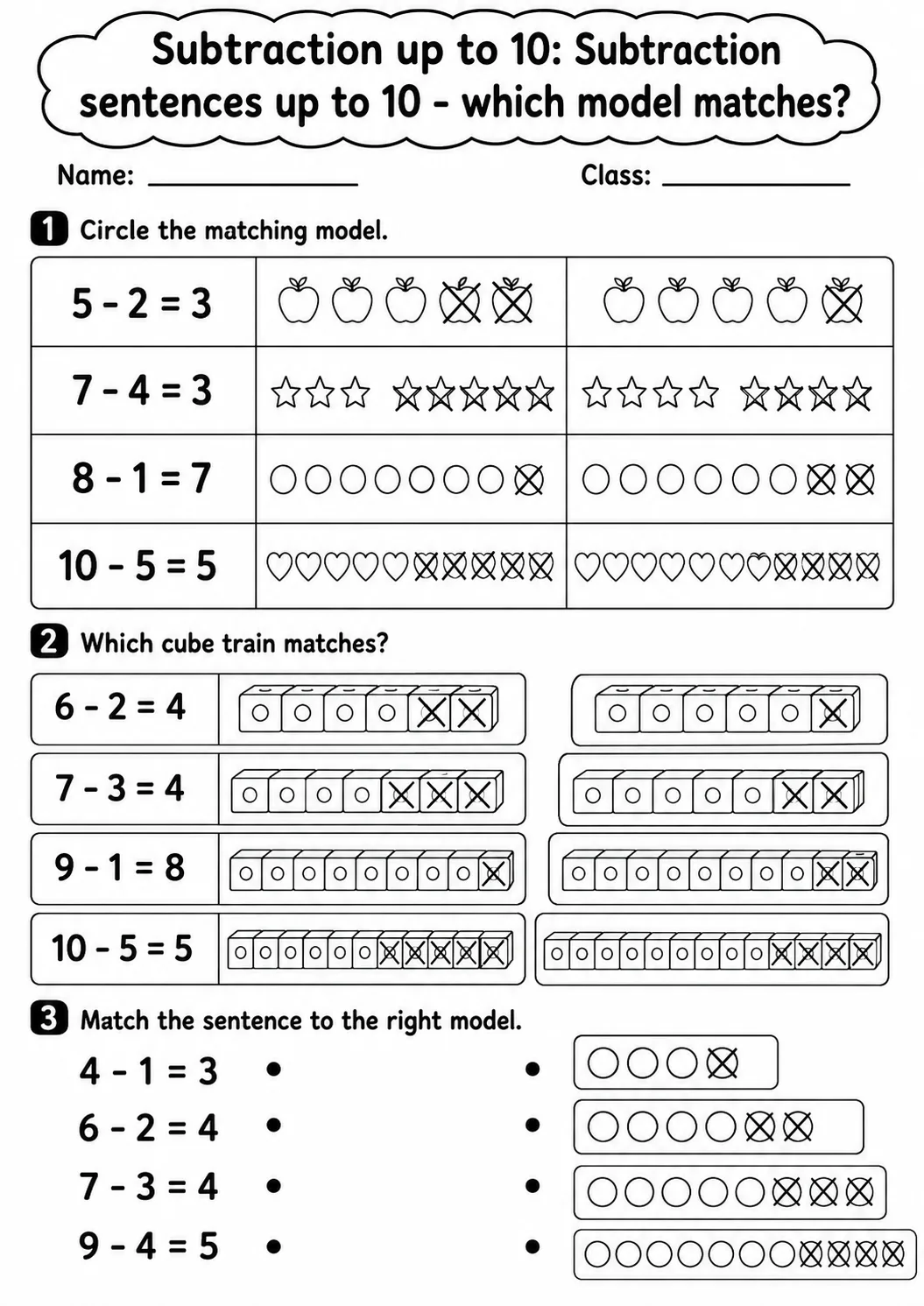 Pre-K Subtraction up to 10 Math Worksheet Pack page 4 printable worksheet preview