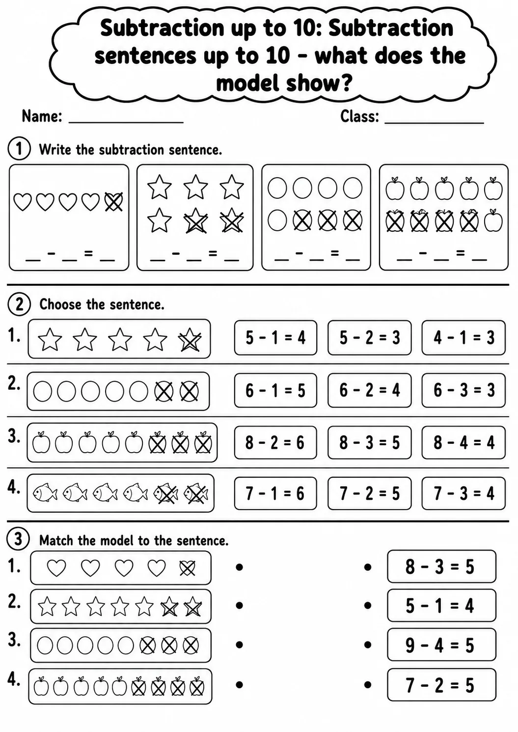 Pre-K Subtraction up to 10 Math Worksheet Pack page 5 printable worksheet preview