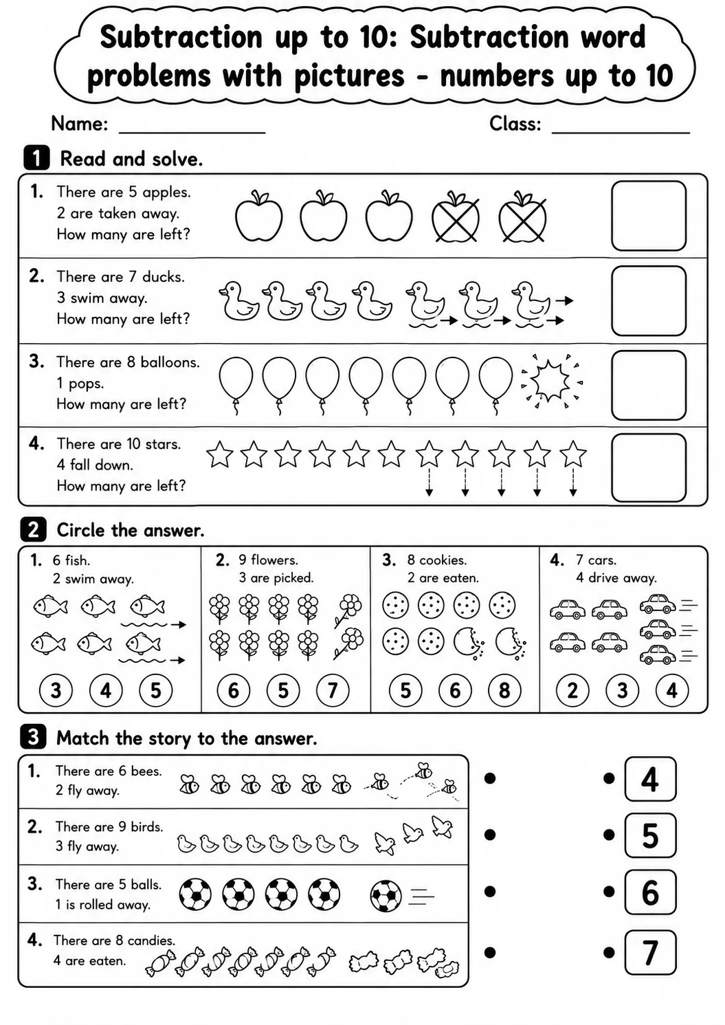 Pre-K Subtraction up to 10 Math Worksheet Pack page 7 printable worksheet preview