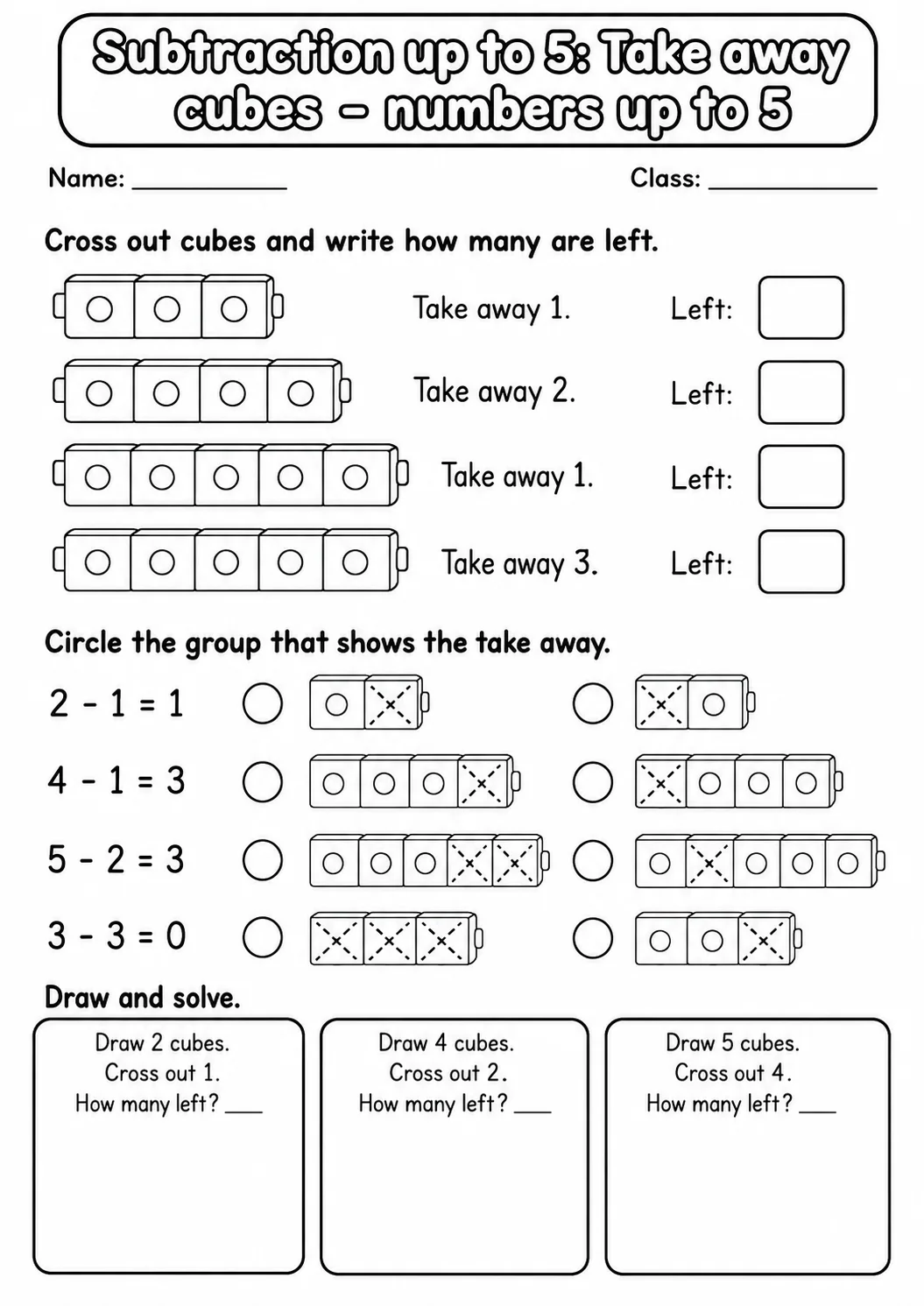 Pre-K Subtraction up to 5 Math Worksheet Pack printable worksheet pack preview