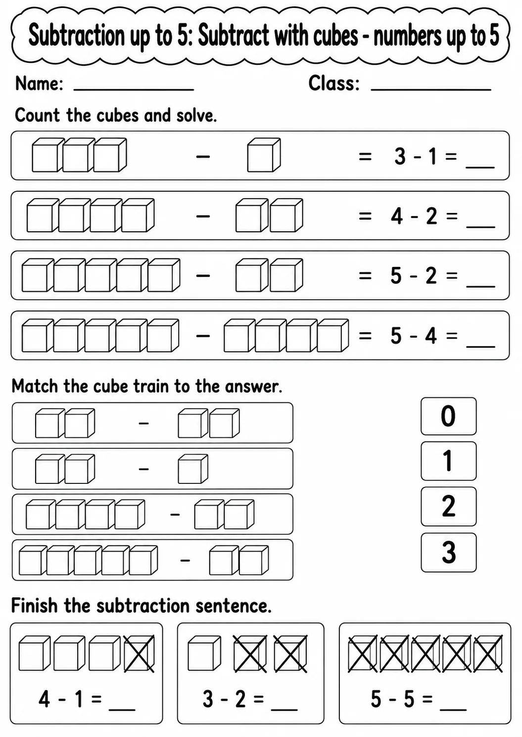 Pre-K Subtraction up to 5 Math Worksheet Pack page 2 printable worksheet preview