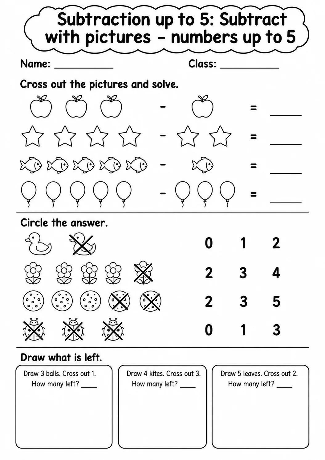 Pre-K Subtraction up to 5 Math Worksheet Pack page 3 printable worksheet preview